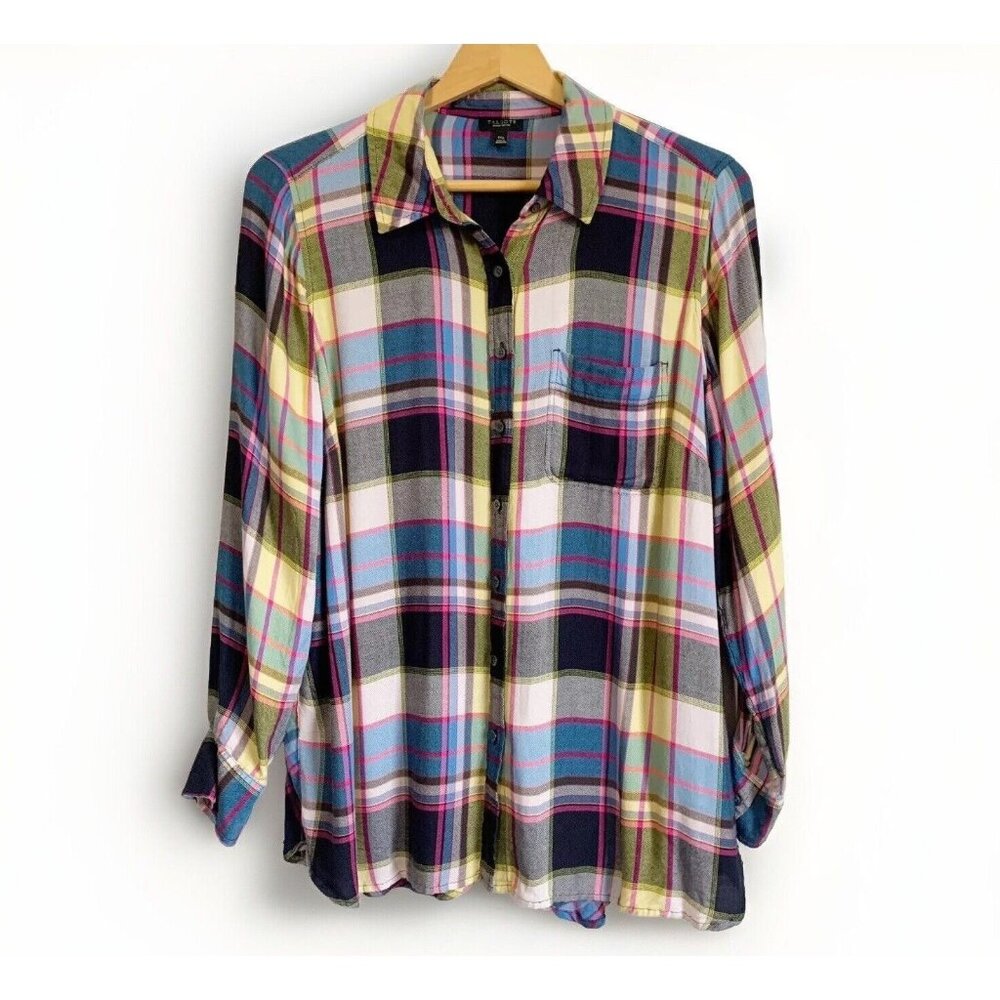 TALBOTS Flannel Button Plaid Long Sleeve Top Womens 1X Petite Button Back Preppy